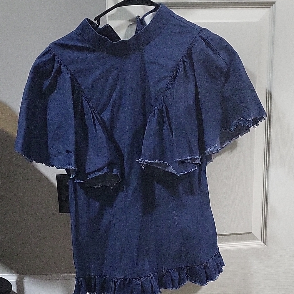 Caroline Constas Navy Ruffle Sleeve High-Neck Blouse
